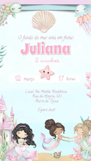 Convite Digital Aniversário Sereia Aquarela Editável