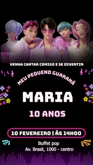 Convite de Aniversário Guerreiras do K-pop Neon para Editar