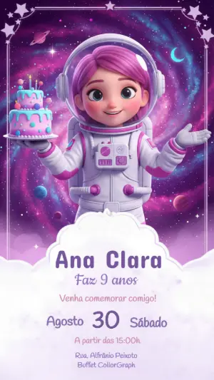 Convite Digital Festa no Espaço Menina Astronauta Editável