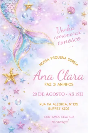 Convite de Aniversário Sereia com Glitter Modelo Editável