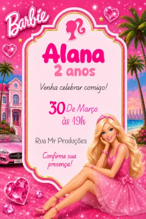 Convite Digital Barbie Rosa Glamour Editável para Aniversário