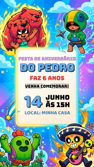 Convite de Aniversário Brawl Stars Colorido para Editar