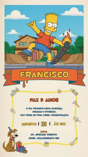 Convite de Aniversário Simpsons Bart Skate Editável