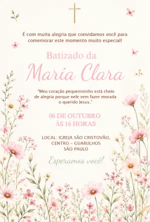 Convite de Batizado Floral Delicado Editável Online