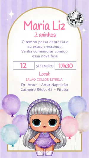 Convite de Aniversário Boneca LOL Lilás e Roxo para Editar