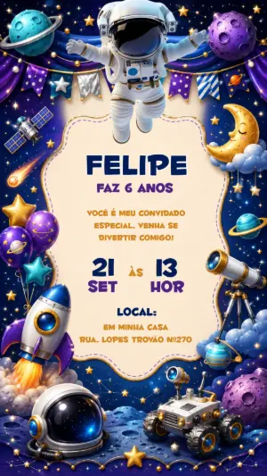 Convite de Aniversário Astronauta Infantil para Editar Online
