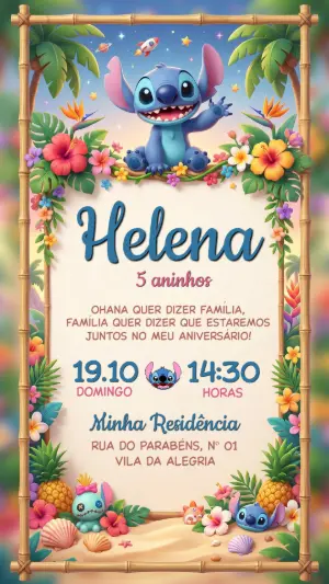 Convite de Aniversário Stitch Tropical para Editar e Enviar