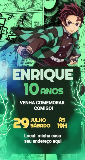 Convite de Aniversário Demon Slayer Editável para Enviar