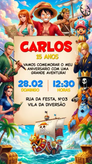 Convite de Aniversário One Piece Aventura Pirata Editável