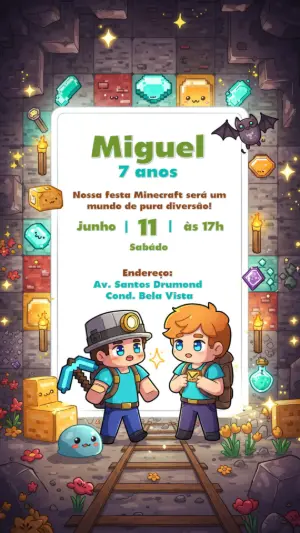 Convite de Aniversário Minecraft com Personagens para Editar