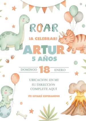 Invitación de Cumpleaños Dinosaurios Acuarela para Editar