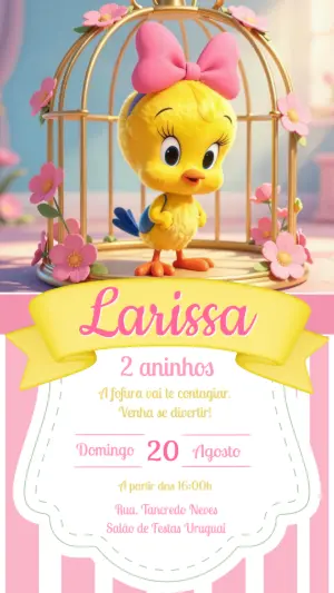 Convite Digital Piu-Piu Menina Fofo Editável para Aniversário