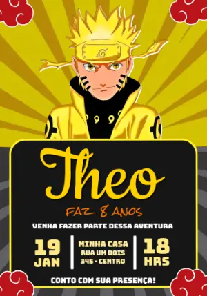 Convite de Aniversário Naruto Dourado para Editar Online