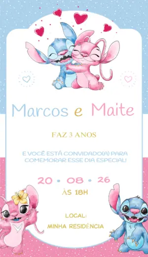 Convite de Aniversário Stitch e Angel Modelo Editável