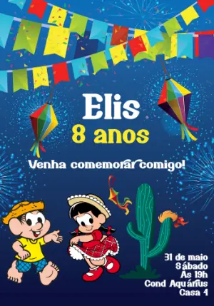 Convite de Aniversário Festa Junina Chico Bento para Editar