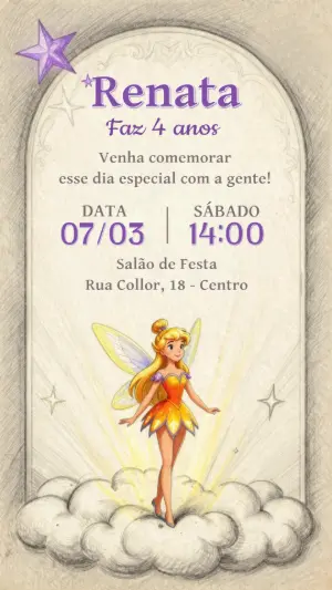 Convite Digital Aniversário Fada Encantada Estilo Desenho