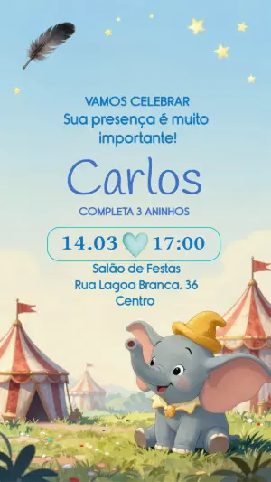 Convite de Aniversário Elefantinho Circo Fofo Editável