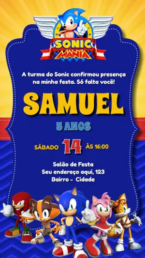 Convite Aniversário Sonic com a Turma para Editar Online