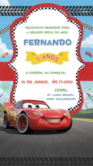 Convite Digital Carros: Festa de Corrida para Editar