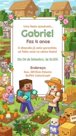 Convite de Aniversário Minecraft com Personagens para Editar