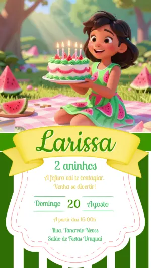 Convite de Aniversário Melancia Infantil 3D para Editar
