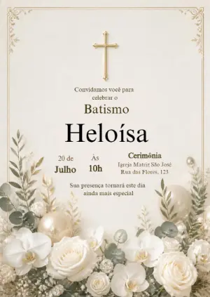 Convite de Batismo Elegante com Flores Brancas Modelo Editável