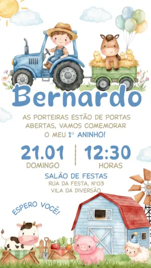 Convite de Aniversário Fazendinha Menino Aquarela Editável