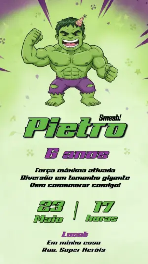Convite Digital Aniversário Infantil do Hulk Editável