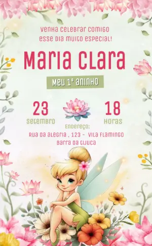 Convite de Aniversário Tinker Bell Floral para Editar Online