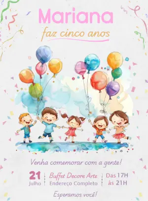 Convite de Aniversário Infantil Aquarela com Balões Editável