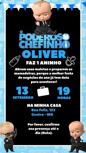 Convite de Aniversário O Poderoso Chefinho Azul Editável