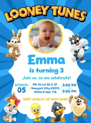 Looney Tunes Baby Birthday Invitation Editable Template