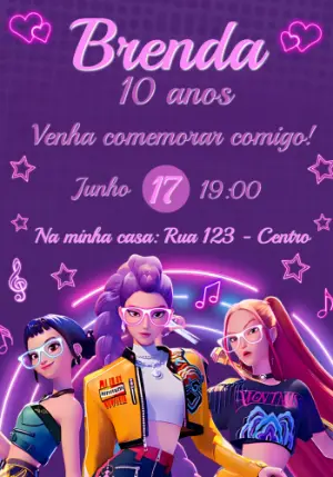 Invitation d'anniversaire KPop Demon Hunters – Statique – Convites e Artes Digitais