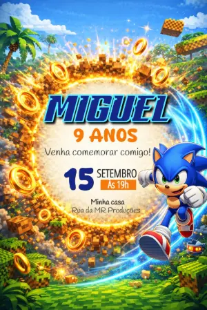 Convite de Aniversário Sonic no Mundo de Blocos para Editar