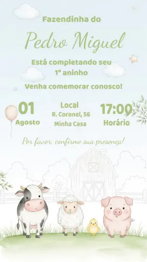 Convite Fazendinha Aniversário com Animais para Editar Online