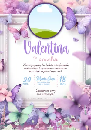 Convite de Aniversário Borboletas Lilás com Foto para Editar