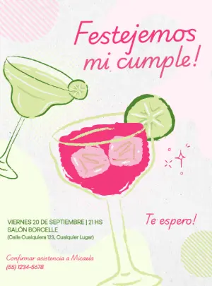 Invitación de Cumpleaños con Cócteles Rosa y Verde para Editar