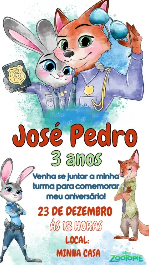 Convite de Aniversário Zootopia Aquarela Editável