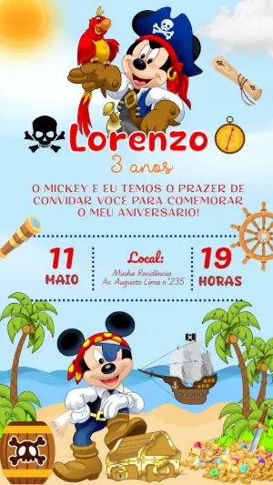 Convite de Aniversário Mickey Pirata para Editar Online