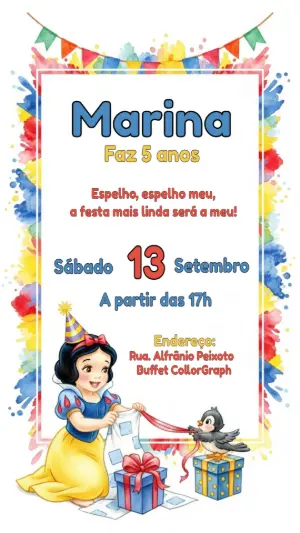 Convite Aniversário Branca de Neve Aquarela para Editar Online
