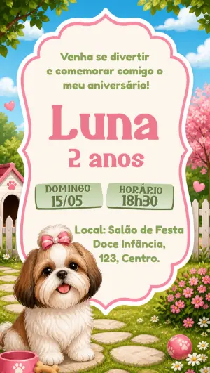 Convite de Aniversário Cachorrinha Shih Tzu Fofo Editável