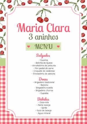 Cardápio de Aniversário Cerejinha para Editar Online