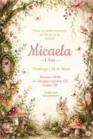 Convite de Aniversário Jardim Encantado Aquarela Editável