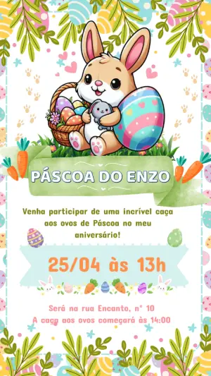 Convite de Aniversário Páscoa com Coelhinho Fofo para Editar