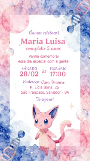Convite de Aniversário Pokémon Rosa e Azul para Editar