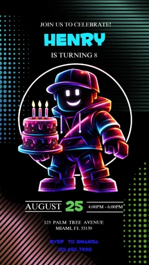 Gamer Birthday Invitation with Neon Roblox - Editable Template