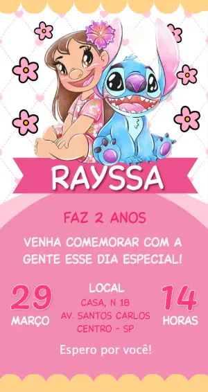 Convite de Aniversário Lilo e Stitch Rosa para Editar Online