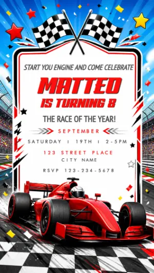Editable Race Car Fórmula 1 Birthday Invitation Template