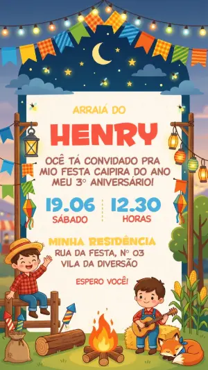 Convite de Aniversário Festa Junina Arraiá Infantil Editável