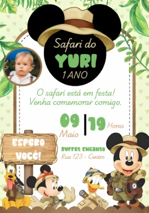 Convite Aniversário Mickey Safari com Foto para Editar Online